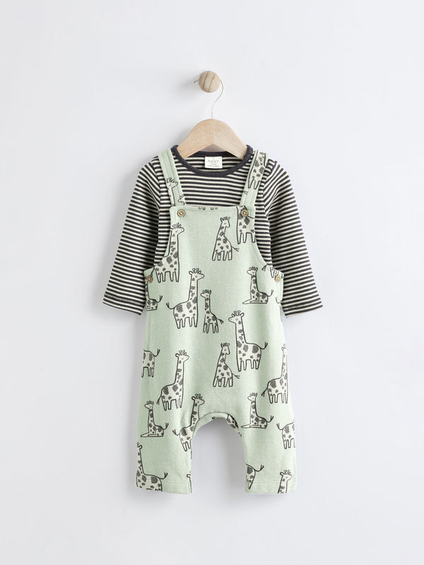 Sage Green Giraffe Jersey Baby Dungarees And Bodysuit Set (0mths-2yrs)