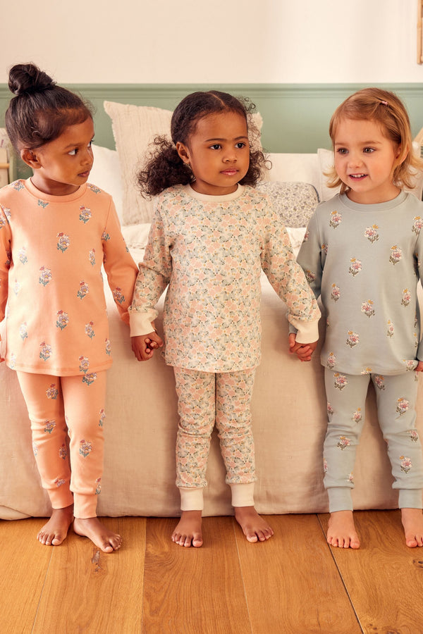 Blue/ Peach/ Cream Ditsy 100% Cotton Floral Snuggle Pyjamas 3 Pack (9mths-16yrs)