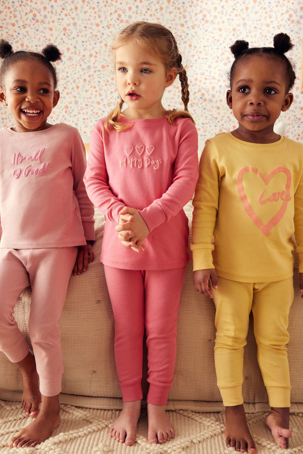 Pink/Yellow Slogan Printed Pyjamas 3 Pack (9mths-12yrs)