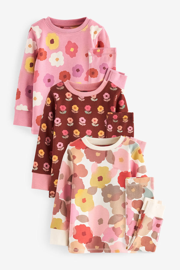 Pink/ Tan/ White Retro Floral 100% Cotton Floral Snuggle Pyjamas 3 Pack (9mths-16yrs)