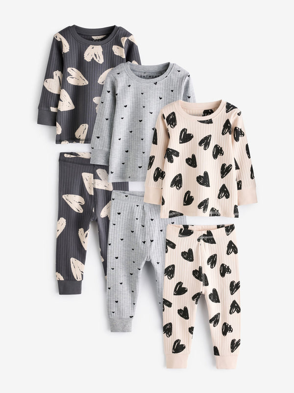 Charocal/Grey/Cream Heart Snuggle Pyjamas 3 Pack (9mths-12yrs)