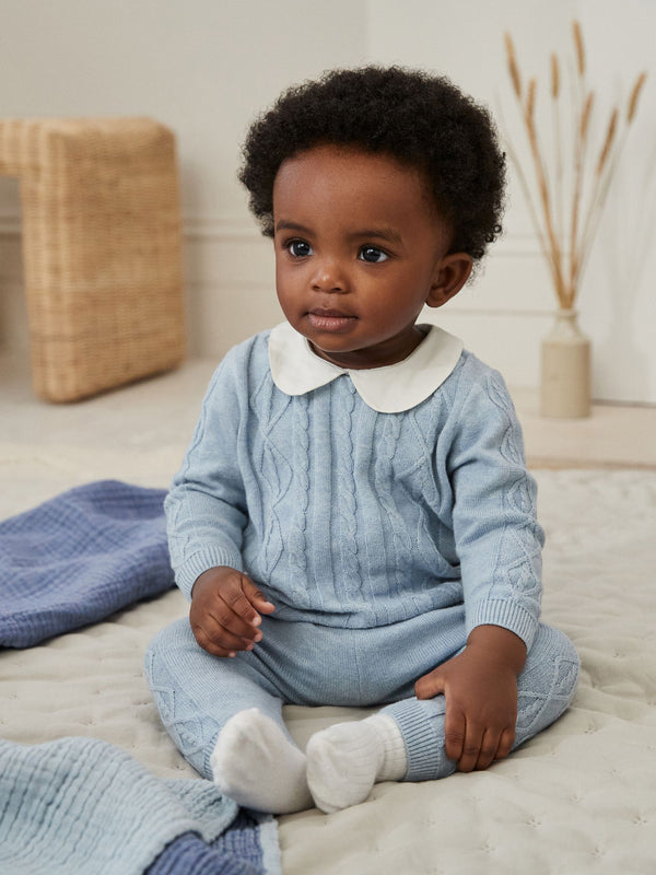 Blue Baby Collar Knitted 100% Cotton Jumper And Leggings Set (0mths-2yrs)