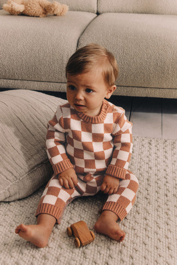 Brown Checkerboard Knitted Baby Romper (0mths-2yrs)