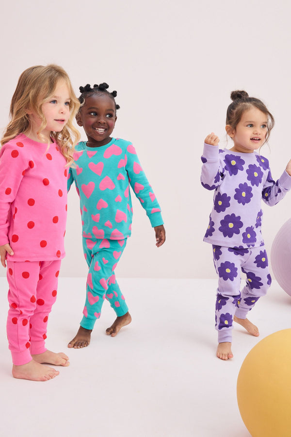 Purple/Pink/Green 3 Pack 100% Cotton Snuggle Pyjamas (9mths-12yrs)