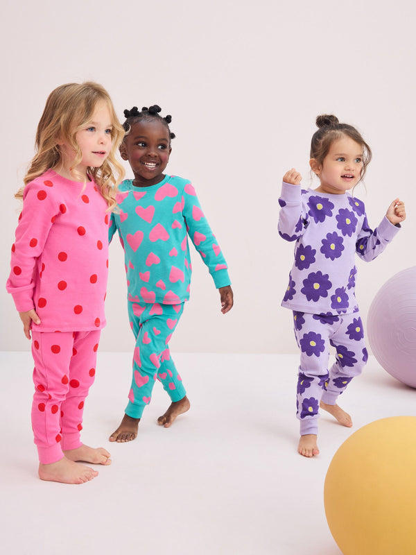 Purple/Pink/Green 3 Pack 100% Cotton Snuggle Pyjamas (9mths-12yrs)