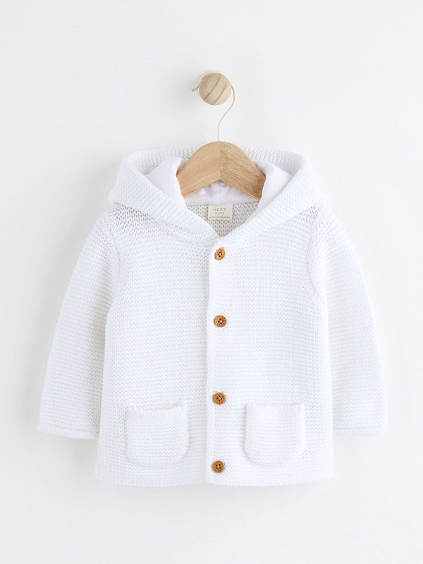 White 100% Cotton Knitted Hooded Baby Cardigan