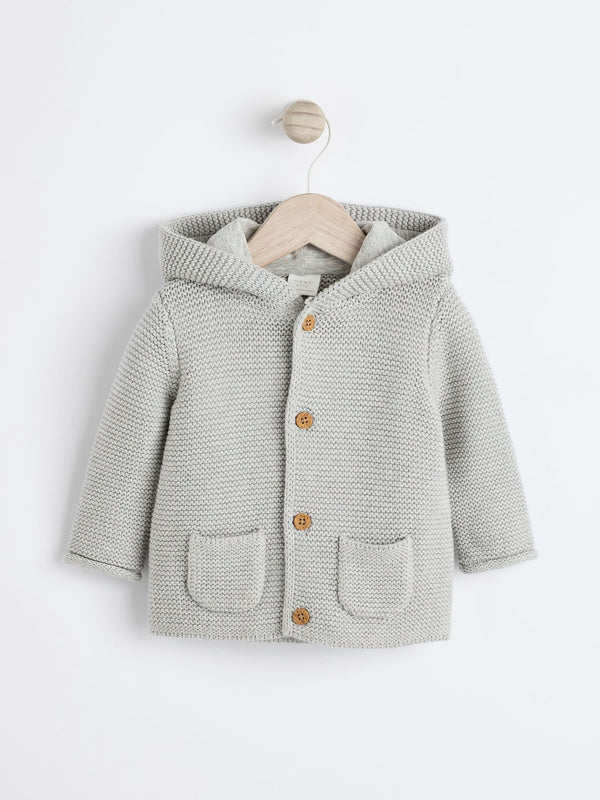 Grey 100% Cotton Knitted Hooded Baby Cardigan