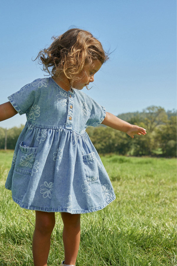 Blue Flower Denim Relaxed 100% Cotton Dress (3mths-8yrs)