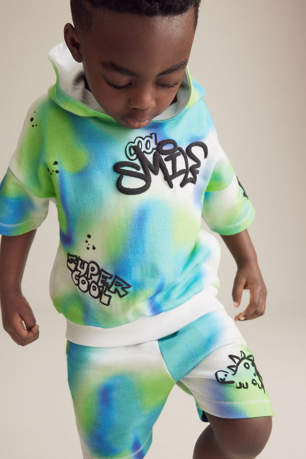 Blue/Green Tie Dye Graffiti Short Sleeve Hooded Sweatshirt and Shorts Set (3mths-7yrs)