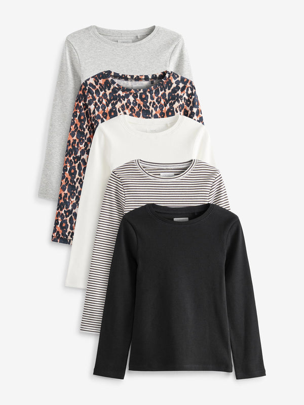 Black/Animal/White/Stripe Ribbed Long Sleeve Tops 5 Pack (3-16yrs)