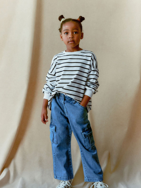 Mid Blue Denim Wide Leg 100% Cotton Cargo Trousers (3-16yrs)