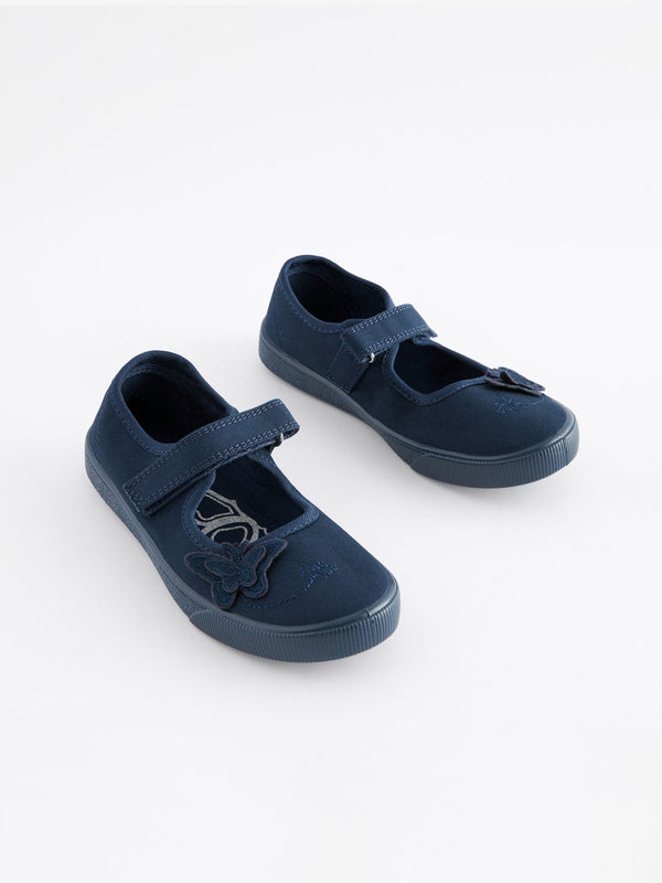Navy Blue Standard Fit (F) Butterfly Embroidered School Plimsoll Shoes