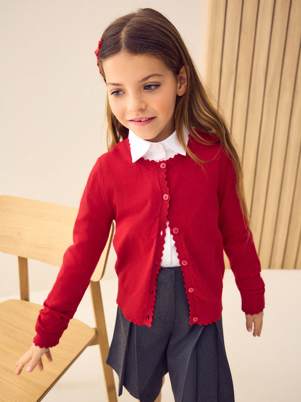Red Cotton Rich Scalloped Edge School Cardigan (3-16yrs)
