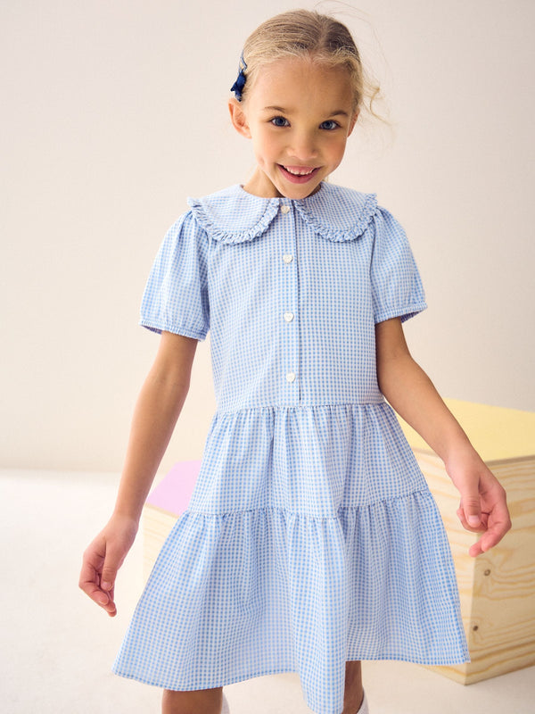 Blue Cotton Rich School Gingham Tiered Pretty Collar Dress (3-14yrs)