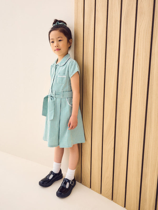 Green Gingham Cotton Rich Belted School Dress with Scrunchie (3-14yrs)