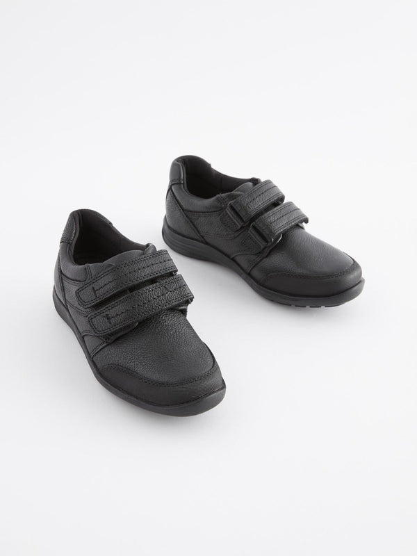 Black Wide Fit (G) School Leather Strap Touch Fasten Shoes
