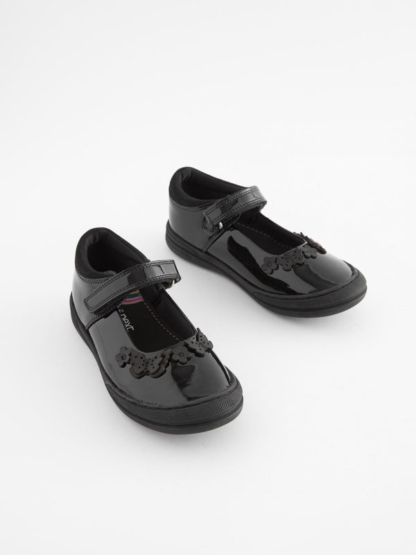 Black Butterfly Detail Wide Fit (G) Junior Leather School Mary Jane Shoes