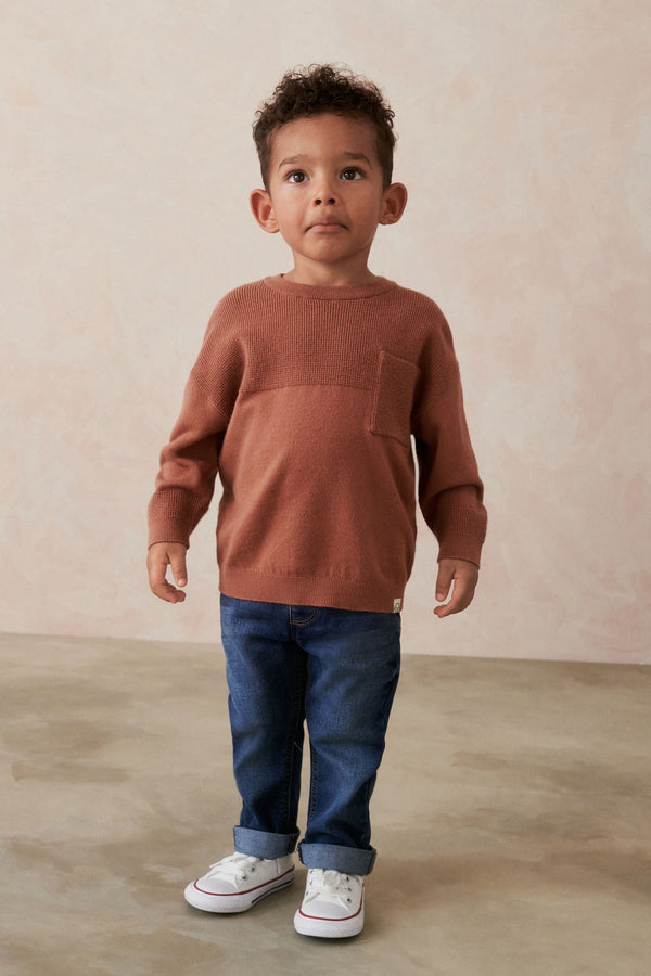 Mocha Brown 100% Cotton Waffle Stitch Crew Jumper (3mths-7yrs)