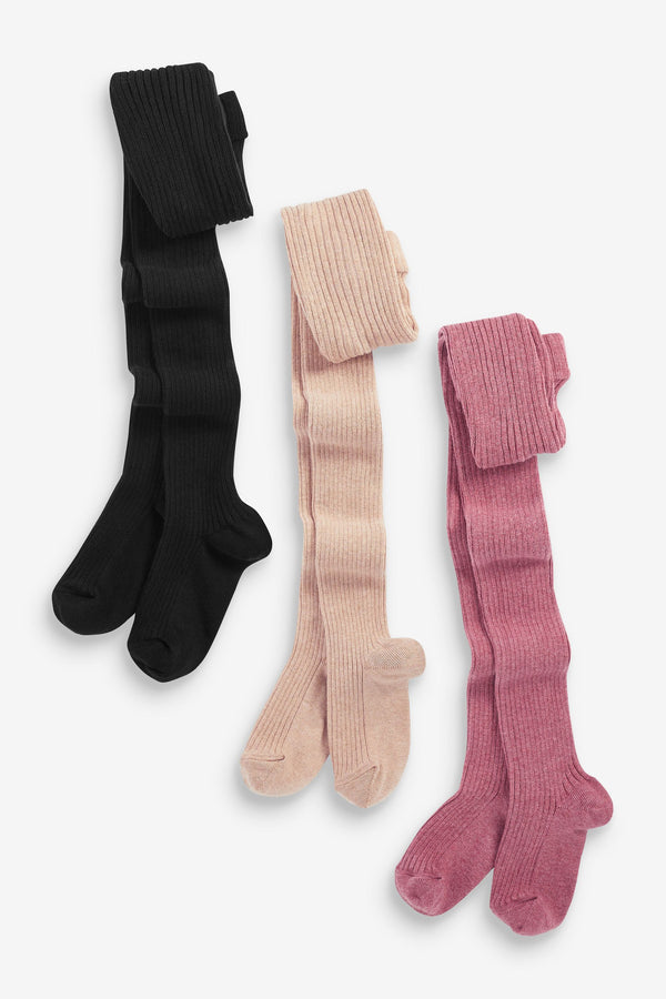 Pink/Honey Cream/Black Cotton Rich Rib Tights 3 Pack