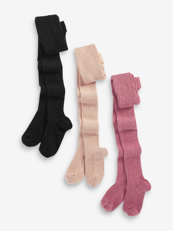 Pink/Honey Cream/Black 3 Pack Cotton Rich Rib Tights