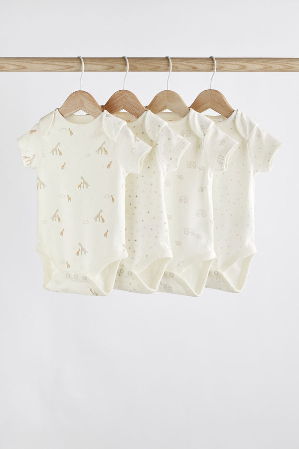 Delicate White Animal 4 Pack Baby Printed Short Sleeve Bodysuits (immediate)