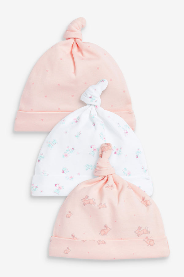 Pale Pink Floral Baby Tie Top Hat 3 Packs (0-18mths)