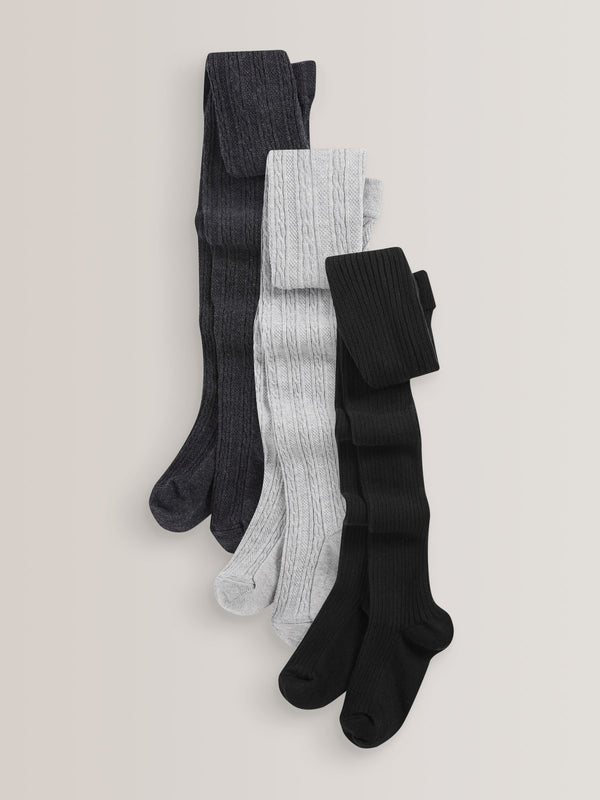 Black/Grey Regular Length 3 Pack Cotton Rich Cable Tights