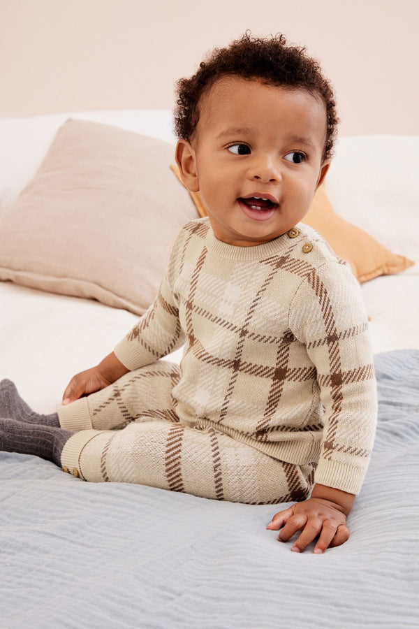 Brown Check Knitted Baby 2 Piece Set (immediate)