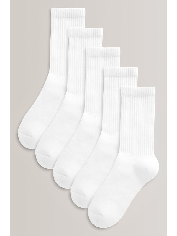 White 5 Pack Cotton Rich Cushioned Footbed Ribbed Socks