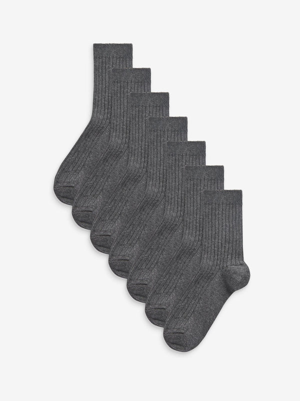 Grey Ribbed Cotton Rich Socks 7 Pack