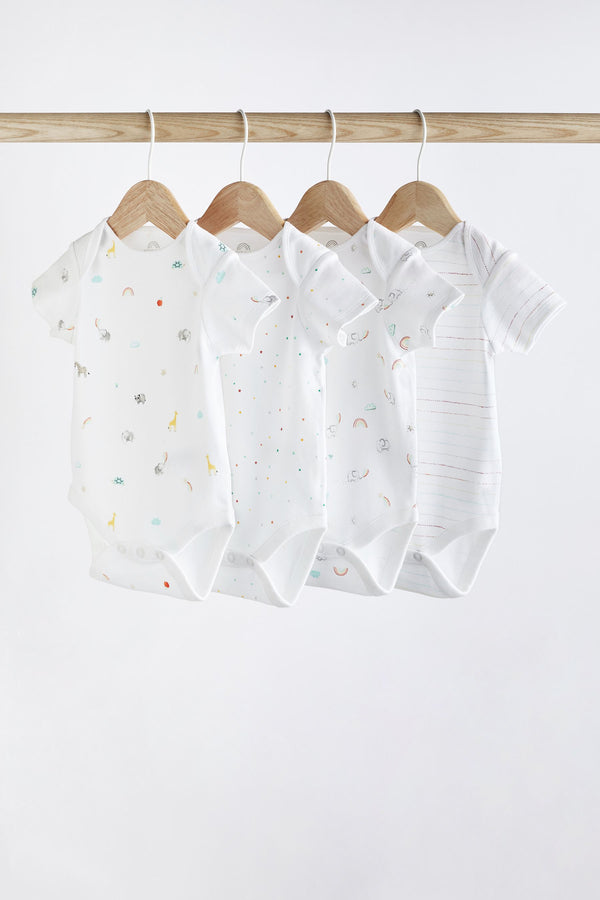 White Bright Animal 4 Pack Baby Printed Short Sleeve Bodysuits (immediate)