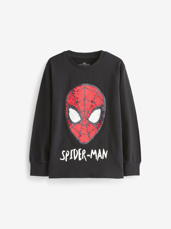 Black Spider Man Long Sleeve Flippy Sequin T-Shirt (3-14yrs)