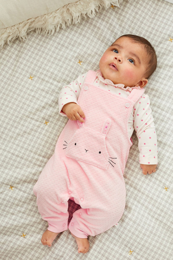 Baby Pink Character Bunny 2 Piece Velour Dungarees And Bodysuit Set (0mths-2yrs)