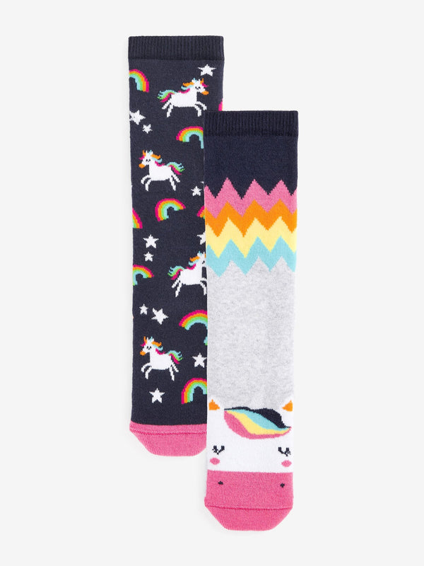 Navy Blue 2 Pack Thermal Cotton Rich Unicorn Welly Socks