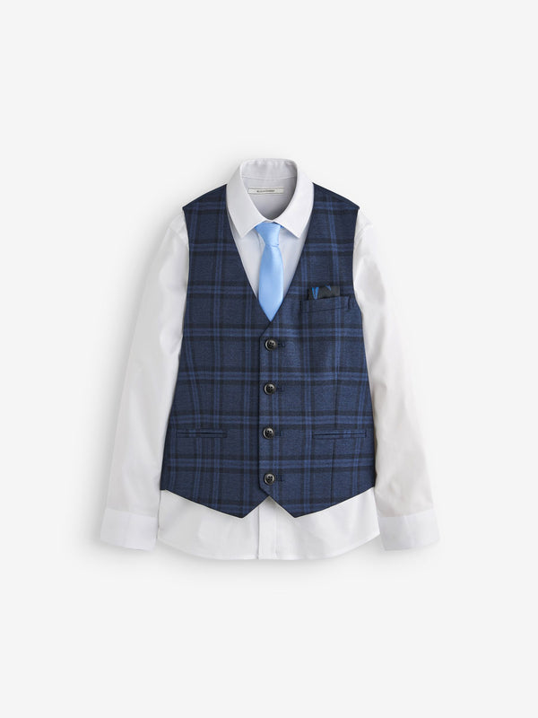 Blue Check Waistcoat, White Shirt & Tie Set Waistcoat (12mths-16yrs)