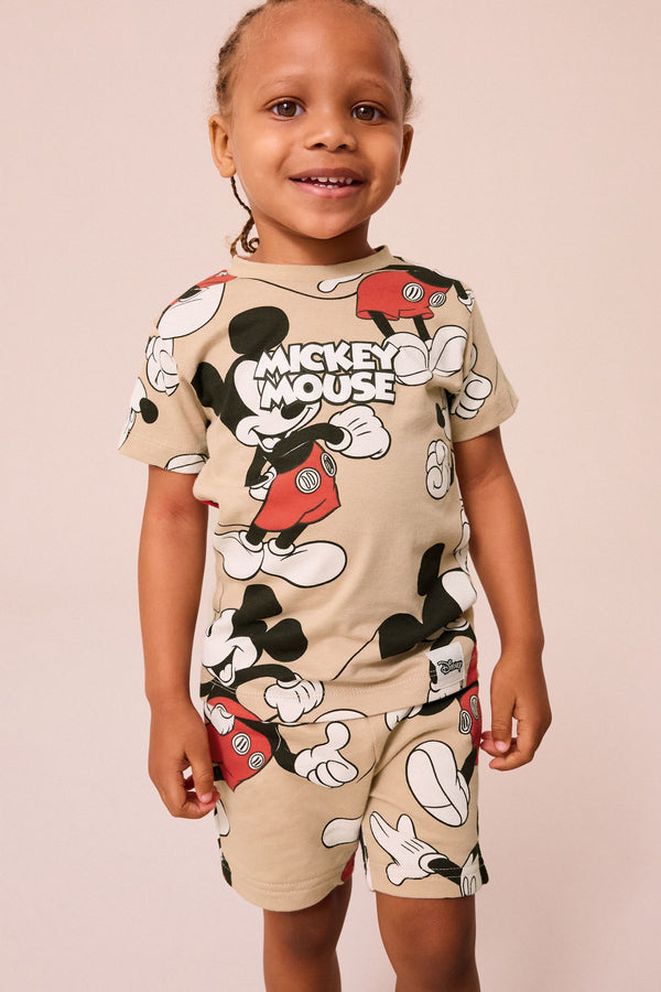 Neutral Tan Mickey Mouse 100% Cotton All Over Printed T-Shirt and Shorts License Set (3mths-8yrs)