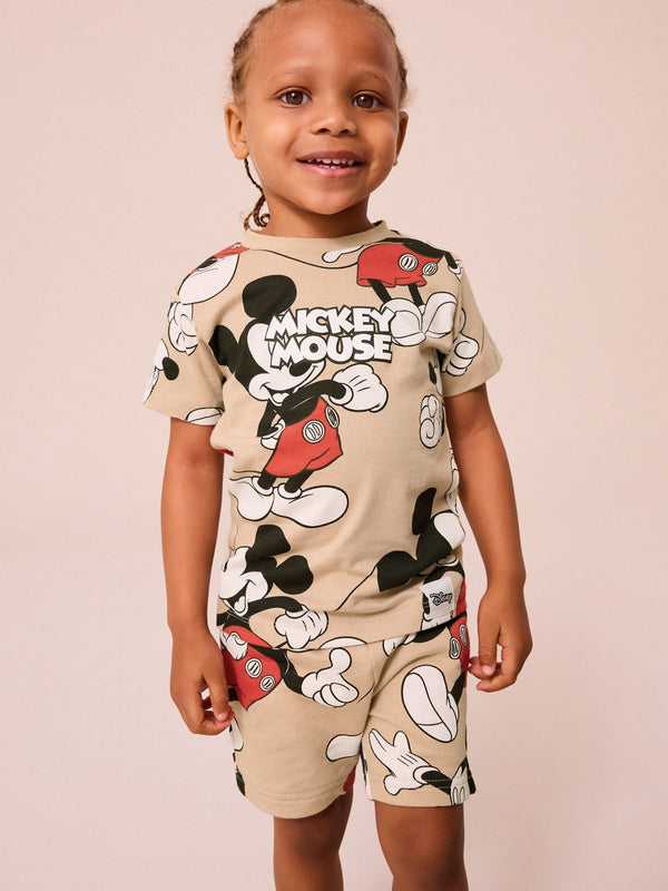 Neutral Tan Mickey Mouse 100% Cotton All Over Printed T-Shirt and Shorts License Set (3mths-8yrs)