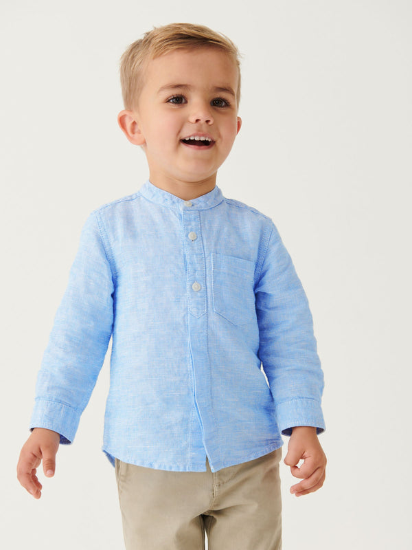 Blue Grandad Collar Linen Mix Shirt (3mths-7yrs)