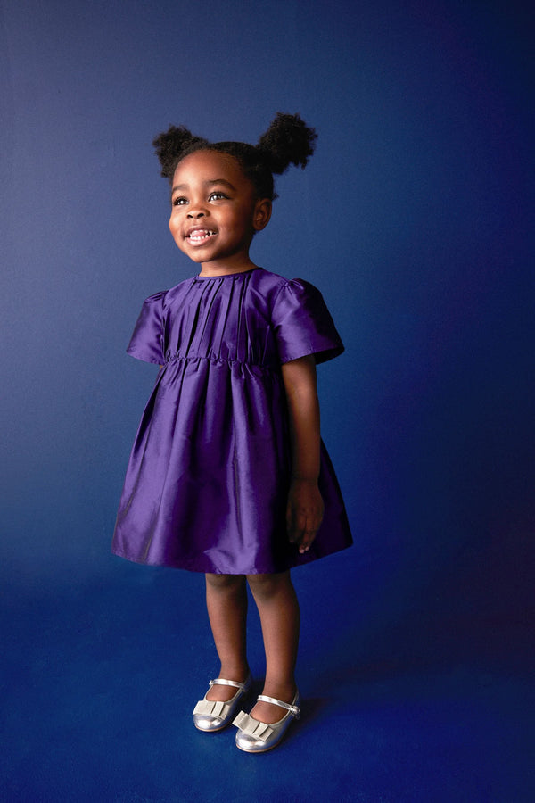 Purple Pleat Detail Short Sleeve Taffeta Dress (3mths-10yrs)