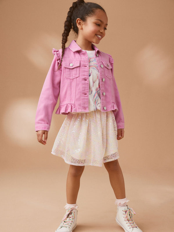 Bright Pink Frill Shoulder Denim Jacket (3-16yrs)