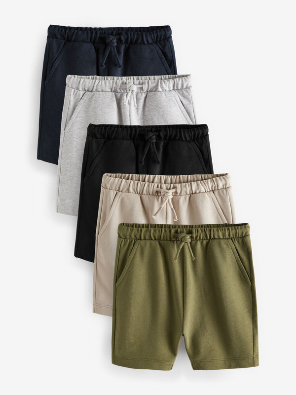 Khaki Green/Grey/Black 100% Cotton Jersey Shorts 5 Pack (3mths-7yrs)