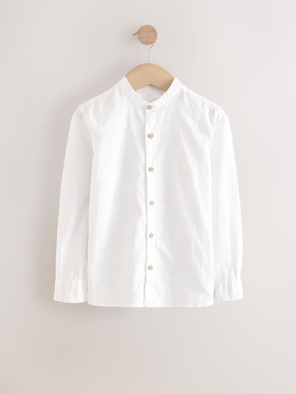 Cream Grandad Collar Linen Mix Long Sleeve Shirt (3-16yrs)