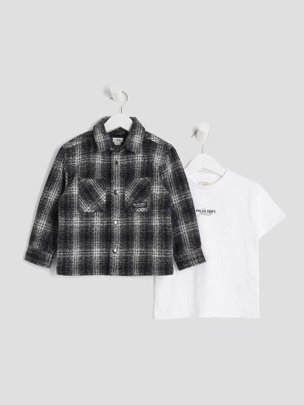 River Island Black Mono Check Shacket & T-Shirt Set