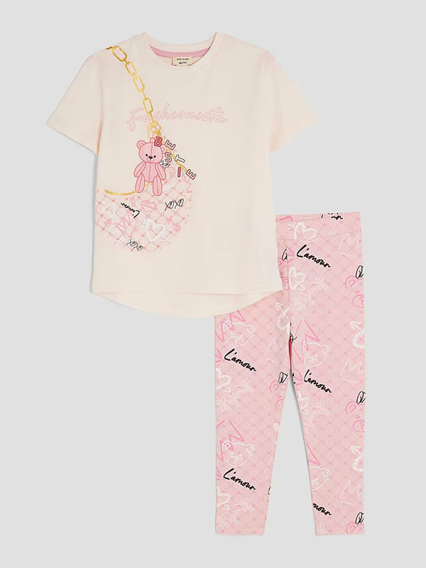 River Island Pink Monogram Bag T-Shirt & Leggings Set