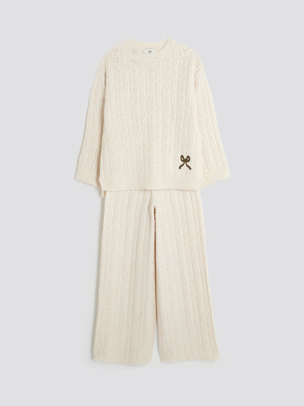 River Island Cream Cable Long Sleeve Jumper & Wide Leg Trousers Set