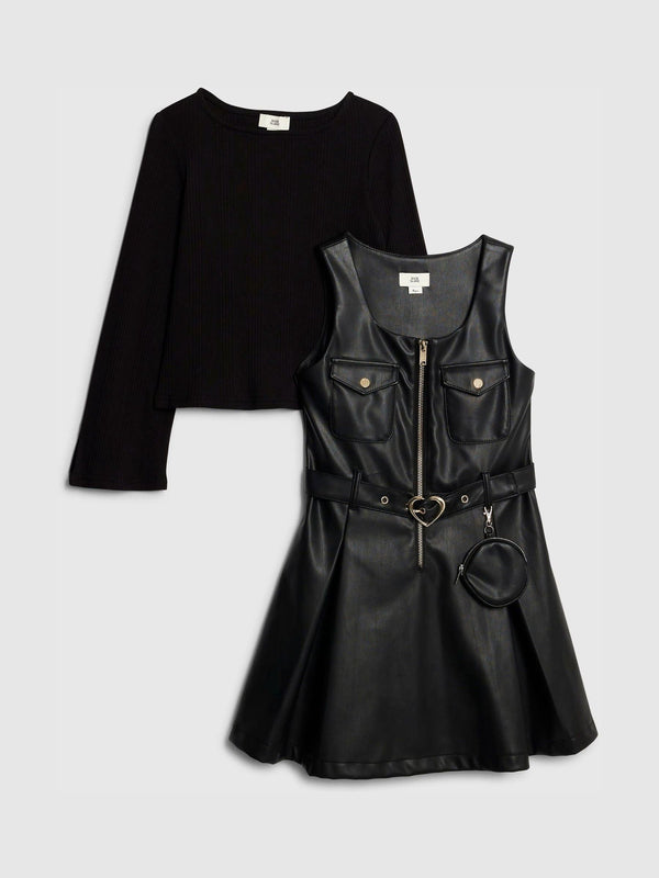 River Island Black Faux Leather Pinny Dress
