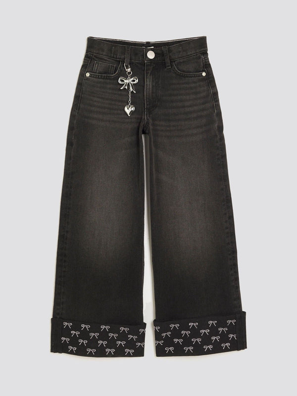 River Island Black Bow Hem Hotfix Wide Leg Jeans