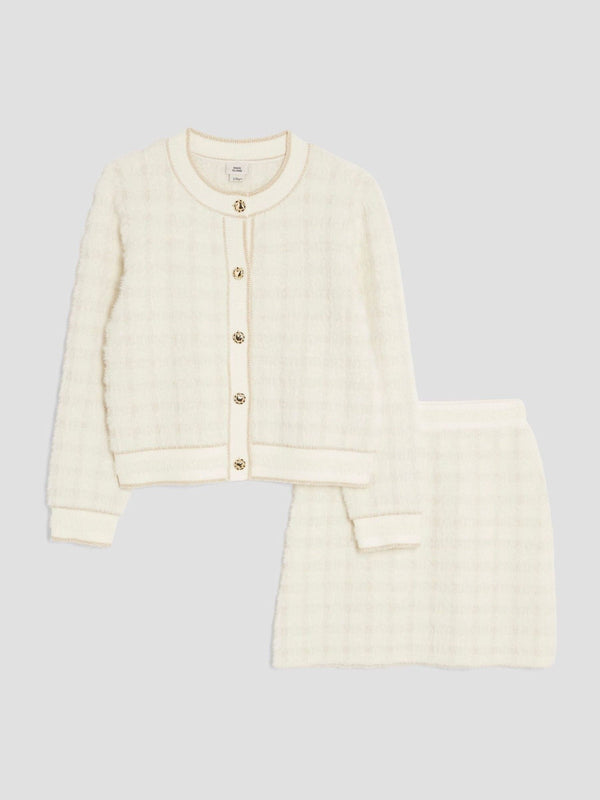 River Island Cream Fluff Boucle Cardigan and Skirt Set