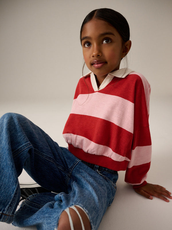 Pink/Red Stripe Collared Boxy Sweatshirt (3-16yrs)