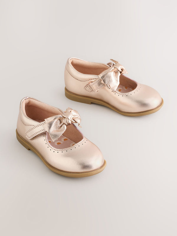 Rose Gold Bow Leather Touch Fastening Shoes